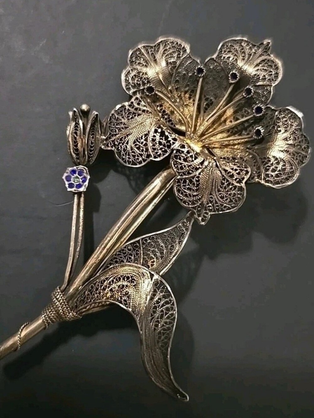 Topazio .925 Gold Tone Brooch Filigree Enamel Deco Flower Pin Handmade Blue Enla